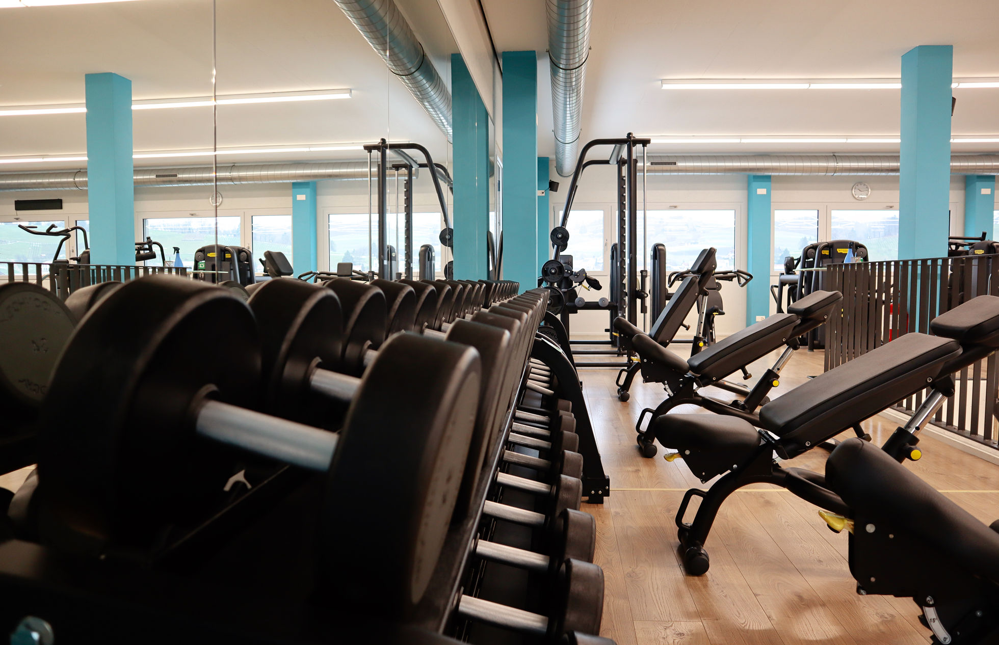 Kurzhantelablage und Trainingsbänke im INFINITI Fitness in Frick